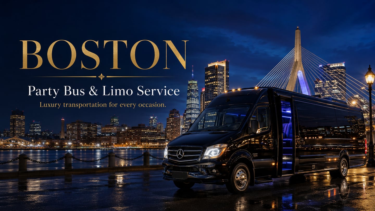Luxury black Mercedes-Benz Sprinter party bus parked along the Boston waterfront at night with the Zakim Bridge and downtown Boston skyline glowing in the background — Boston party bus and limo service