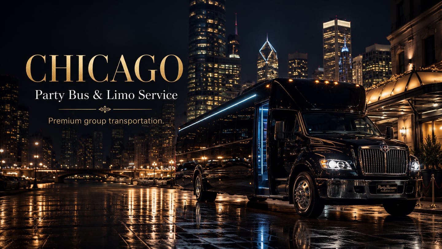 Luxury black party coach with LED accents parked along the Chicago River at night with downtown Chicago skyline glowing behind — Chicago party bus and limo service for downtown nightlife, weddings, and corporate transportation
