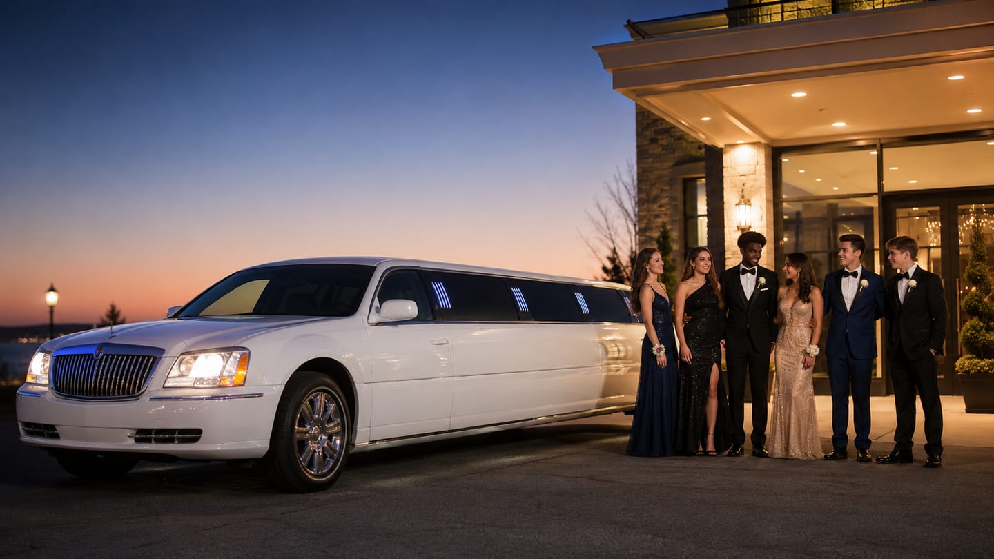 Limusina stretch blanca de lujo para transporte de prom y eventos escolares con paradas para sesión de fotos — coordinación bilingüe desde Houston
