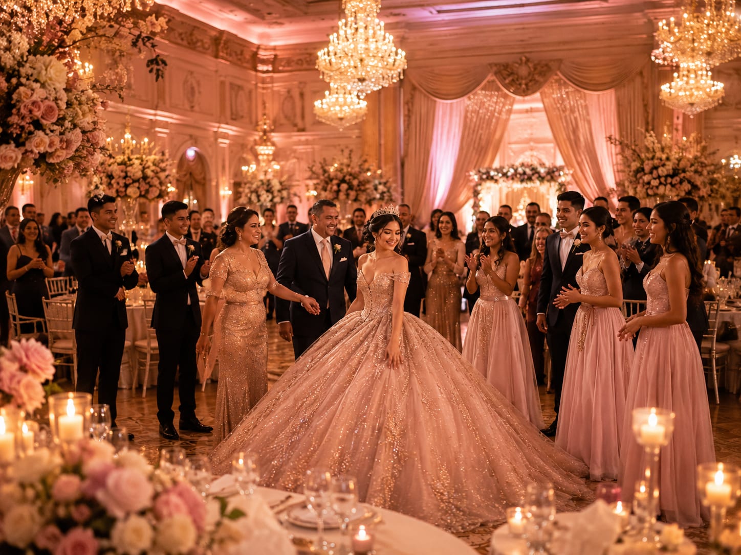 Luxury Quinceañera ballroom reception with chandeliers, floral décor, family, friends, and a formal celebration