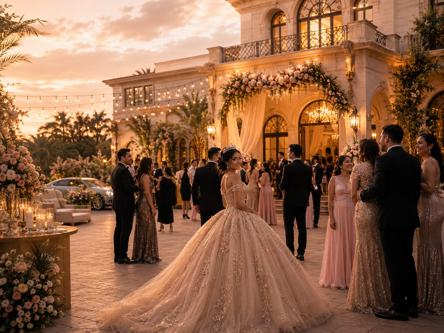 Elegant outdoor Quinceañera celebration at a luxury venue with family, friends, floral décor, and warm evening lights