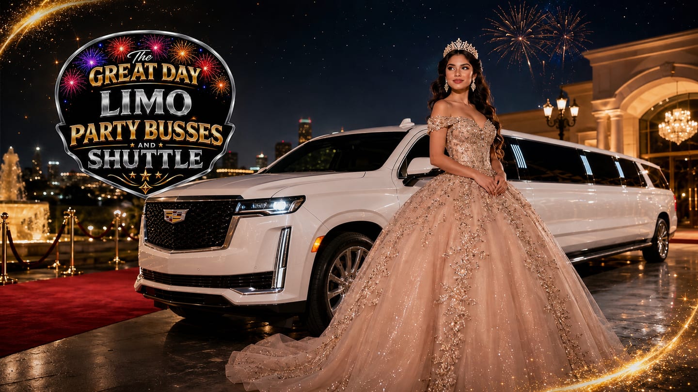 Young woman in a quinceañera dress standing beside a white stretch Escalade limousine for luxury party bus and limo transportation