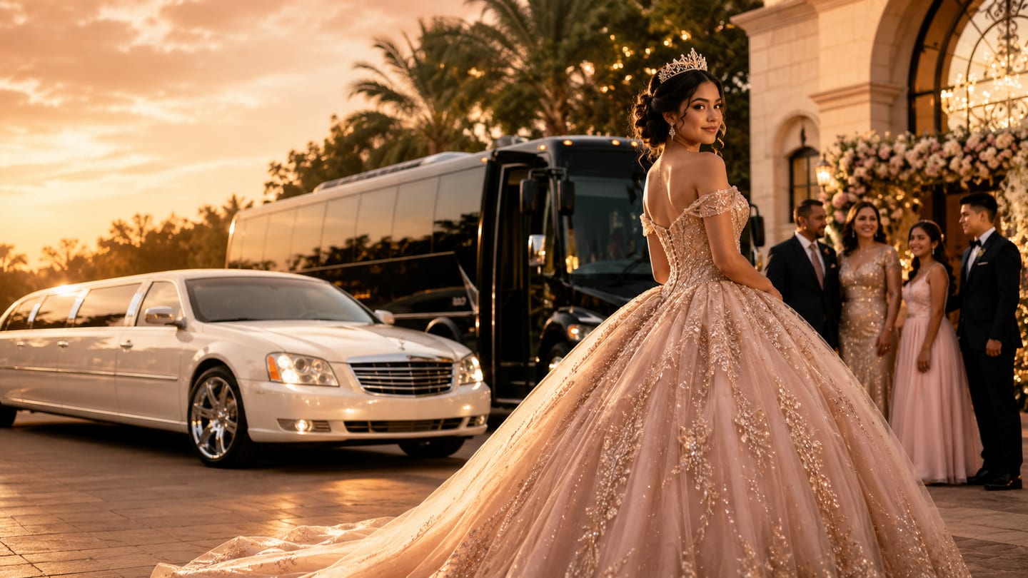 Elegant Quinceañera transportation with a white limousine, black party bus, and a young woman in a formal gown at a luxury venue at sunset