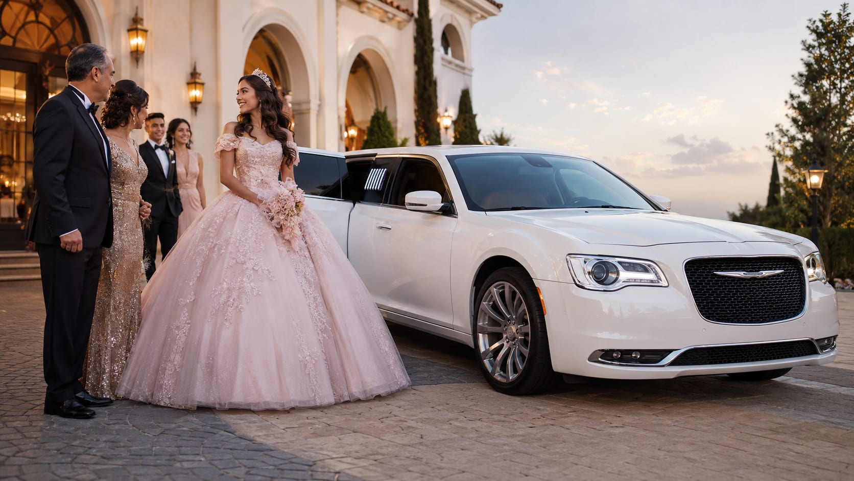 Quinceañera in elegant gown arriving beside a modern white stretch limousine