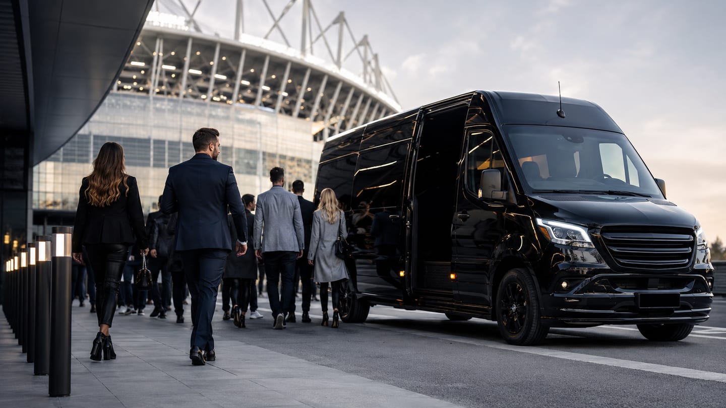 Sprinter Mercedes negro de lujo frente a un estadio NFL con grupo abordando para transporte de eventos deportivos y tailgates — coordinación bilingüe desde Houston