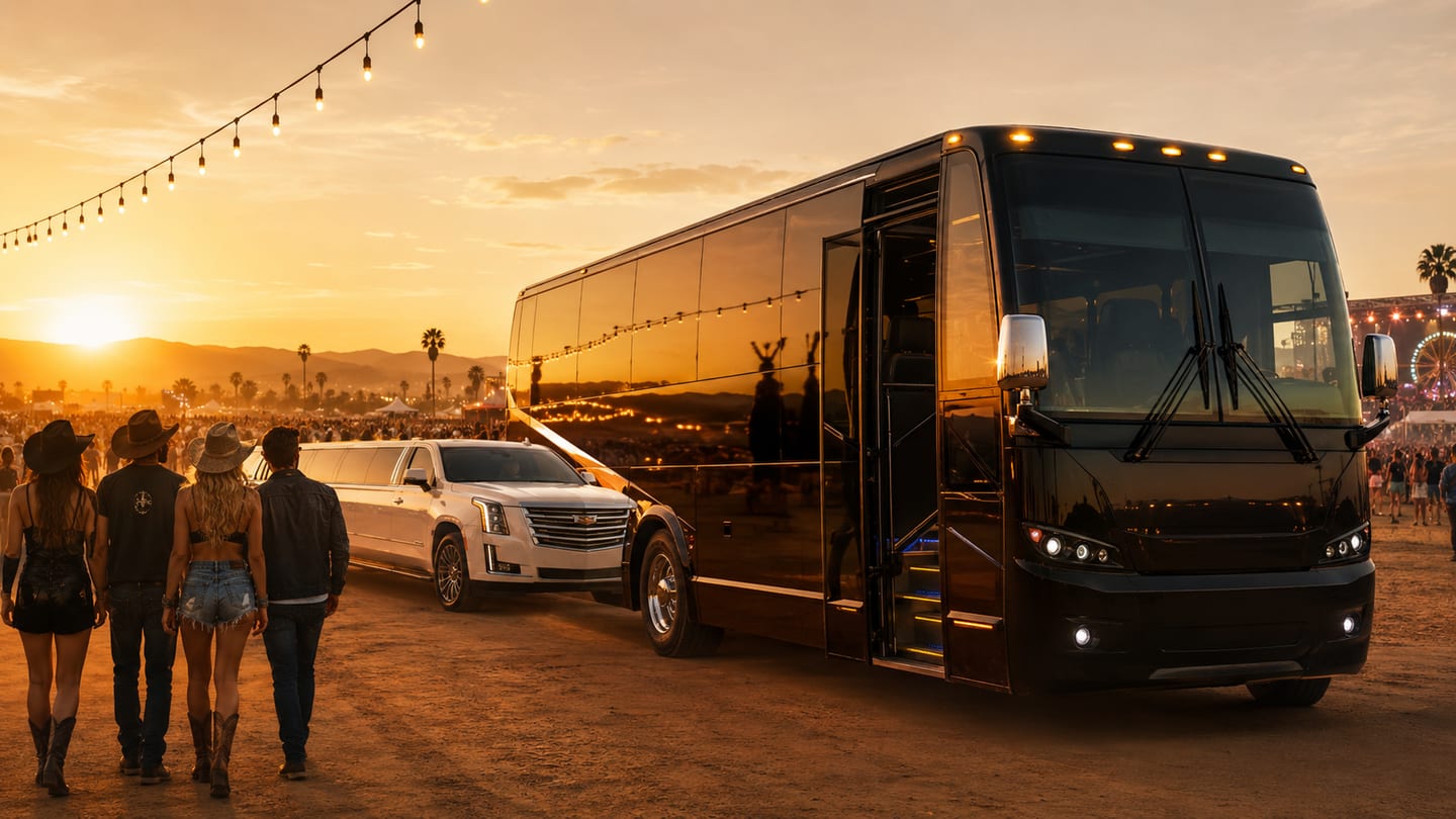 Stagecoach Festival shuttle service with country-festival party bus and stretch limousine group transportation at golden-hour sunset